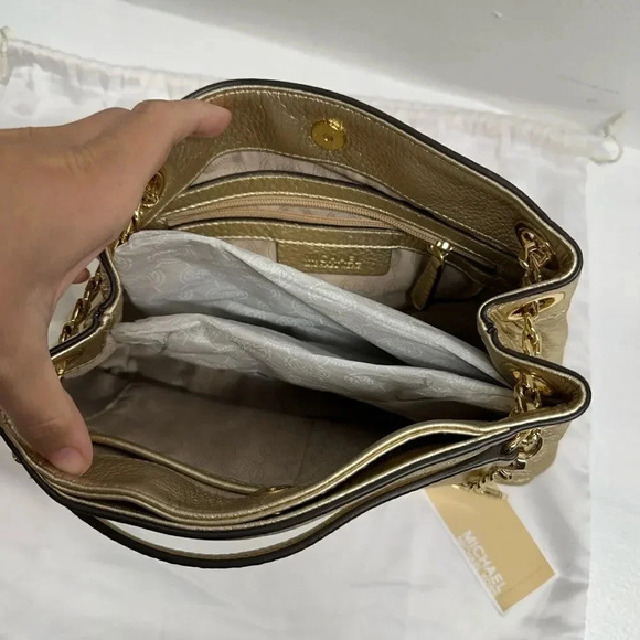 Michael Kors Shoulder Bag Metallic Gold Chain Leather Handbag Purse Medium - Picture 8 of 12